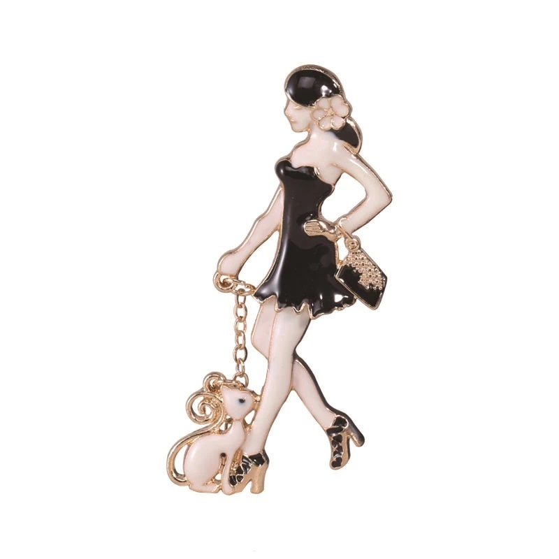 картинка Брошь -  девушка в черном платье, с кошечкой от магазина El Corazon