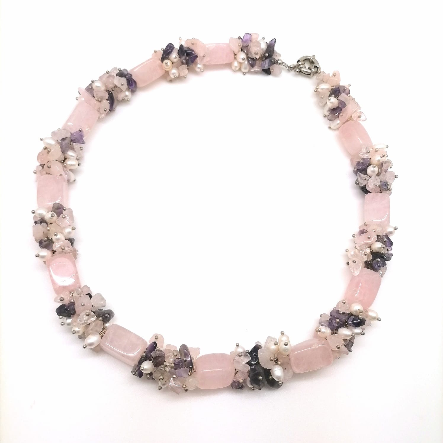 картинка NL 0031 Ожерелье 46 см из розового крупного кварца, мелкого жемчуга и аметиста от магазина El Corazon